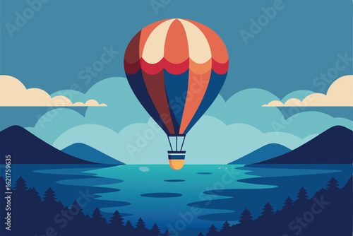 hot air balloon with floral patterns above sea  .eps