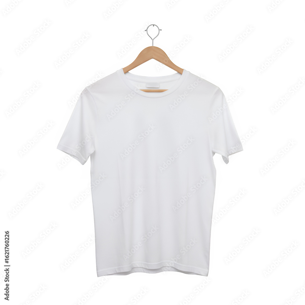 Plain white t shirt hanging on a wooden hanger isolated on white or transparent background. PNG Plain white t shirt hanging on a wooden hanger isolated on white or transparent background. PNG