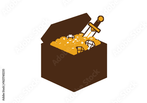 Pixelated Treasure Chest Filled with Gold Coins and a Sword