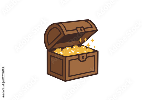 Cartoon Treasure Chest Overflowing with Gold Coins and Stars