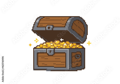 Pixel Art Treasure Chest Overflowing with Gold Coins and Sparkling Highlights
