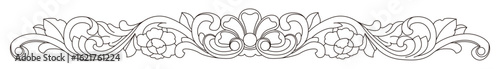 Symmetrical ornamental border with elaborate floral and scroll pattern in line art.