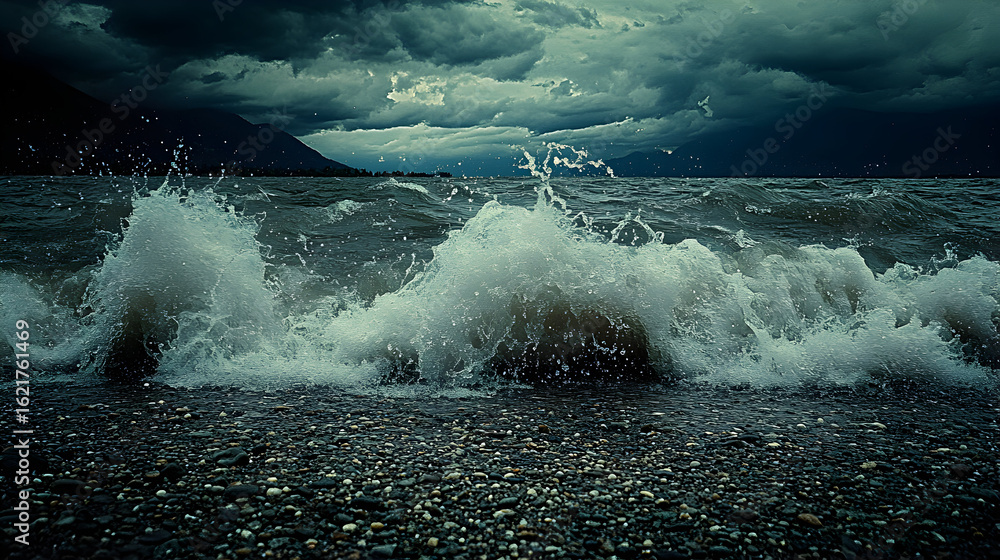Obraz premium Waves crashing on a dark pebble beach under a stormy sky.