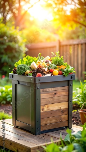 Garden compost bin filled with produce
