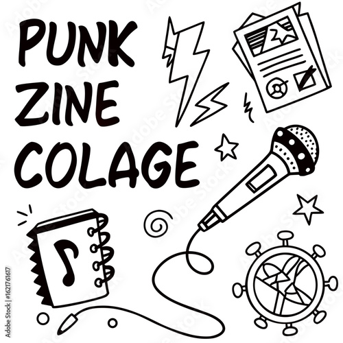 Hand drawn punk zine collage with microphone notebook lightning bolts and stars