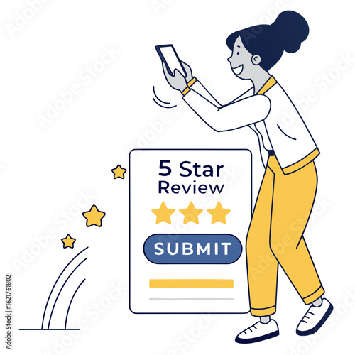 Woman submitting a five star review using her smartphone for a product or service