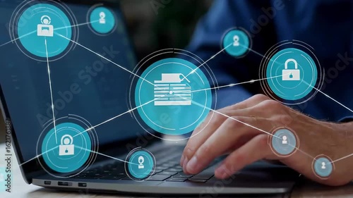 Hands typing on a laptop, featuring a digital overlay of interconnected icons locks, users, documents. Represents cybersecurity, data protection, global network, and secure online communication.