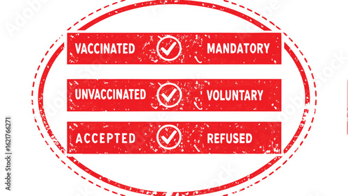 Red oval with vaccinated mandatory unvaccinated voluntary accepted and refused options with checkmarks