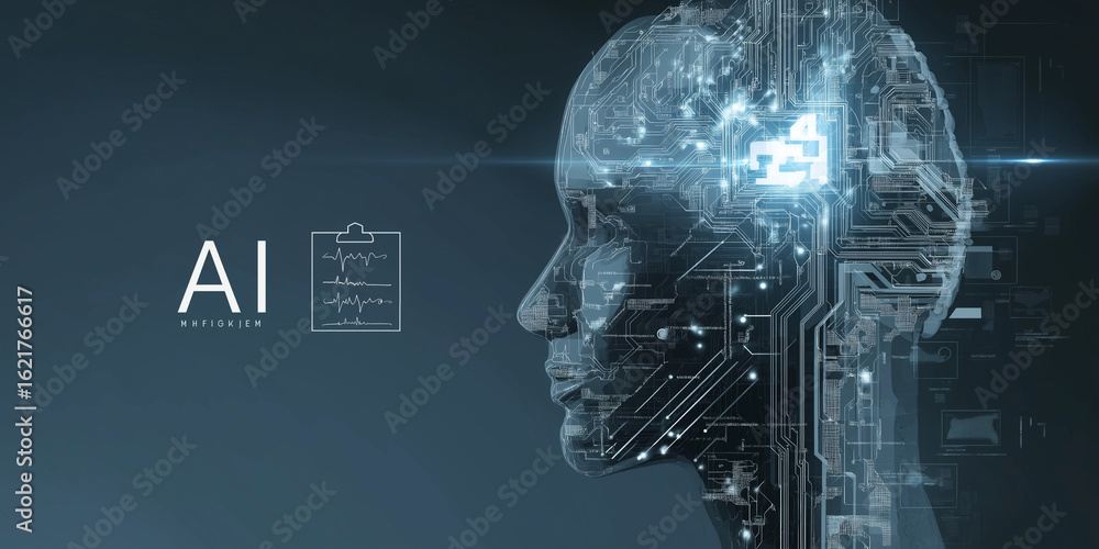 Fototapeta premium Digital illustration of human head with circuit patterns and glowing blue elements symbolizes artificial intelligence and technology. futuristic design conveys innovation and advanced computing