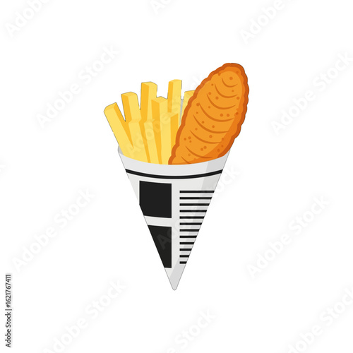Crispy fish fillet and golden french fries served in a newspaper cone.