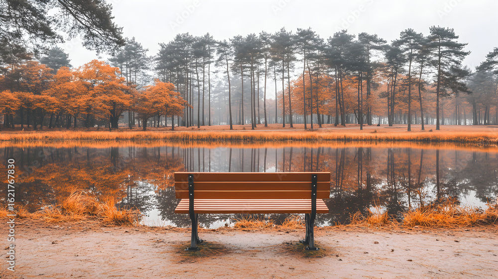 Obraz premium Wooden bench by a pond in an autumnal park.