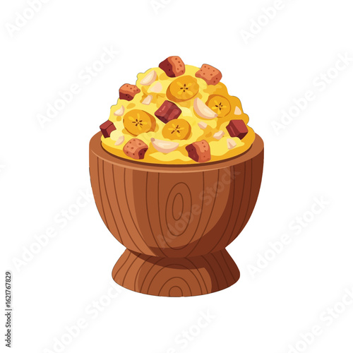 A wooden bowl filled with a mixture of yellow mash, sliced bananas, and brown cubes, presented on a white background.