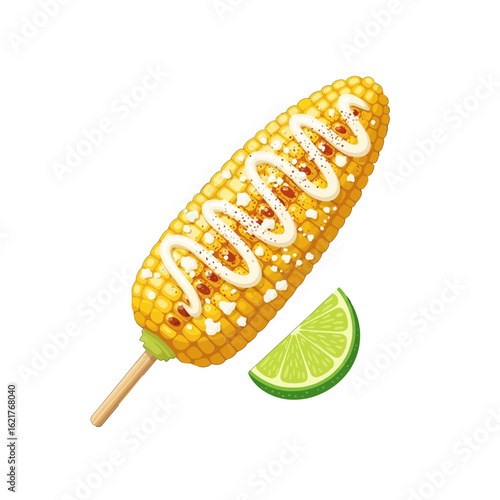Grilled corn on the cob, topped with creamy sauce and lime wedge, isolated on white.