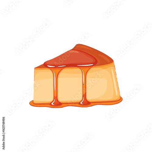 A delectable slice of caramel flan, glistening with rich, sticky sauce.