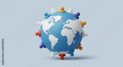 A 3D rendering of the globe surrounded by diverse, colorful figures.