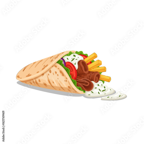 A delicious-looking Greek gyro wrap filled with meat, vegetables, and sauce.