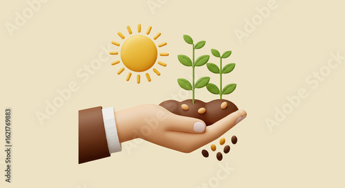 Hand holding soil with sprouting plants under a shining sun, representing growth, nature, and environmental care. Seeds fall from the soil.