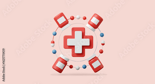 A 3D rendering of a red medical cross surrounded by pill bottles and pills on a light pink background, suggesting healthcare or medicine.