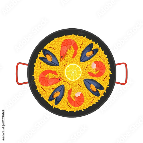Overhead view of a paella dish, featuring shrimp and mussels, in a traditional pan.
