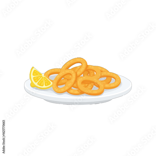 Plate of golden fried onion rings served with a lemon wedge.