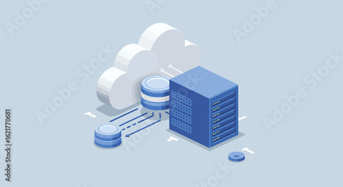 Isometric illustration of cloud computing with data server, databases, and network connections, representing data storage and transfer in a modern technological environment.