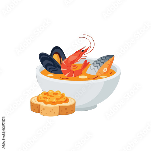 Bowl of seafood soup with shrimp, fish, and mussels, served with toasted bread.