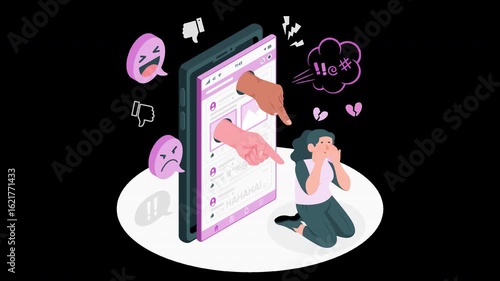A distressed girl is the victim of cyberbullying and online hate animation 4k on alpha channel