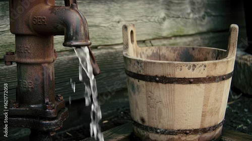 Wallpaper Mural Weathered Water Pump Filling Wooden Bucket in Rustic Ambiance with Water Pouring in Dimly Lit Outdoor Setting a Vintage Water Source Close-Up Emphasizing Clean Liquid Resource and Country Torontodigital.ca