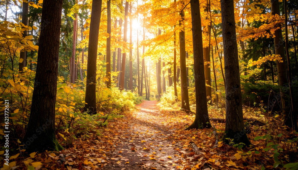 Obraz premium A peaceful forest path covered in golden autumn leaves with sunbeams filtering through the trees.