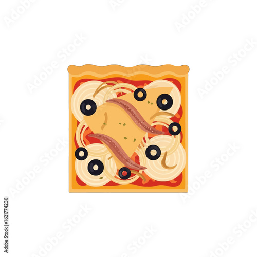 Square pizza slice featuring anchovies, olives, and onions, ready to eat.