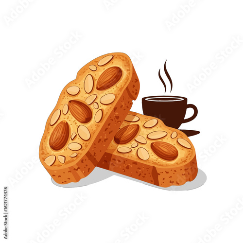 Two biscotti cookies, topped with almonds,  with a cup of coffee,  illustrative food graphic.