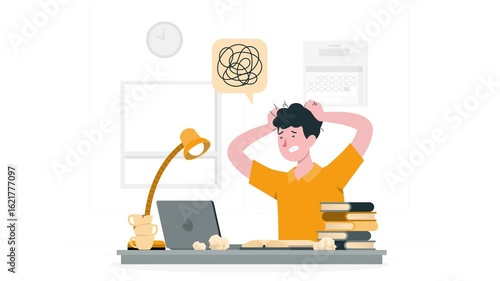 Man working on computer with stress, anxiety, and despair, emotional crisis, mental health 4K animation