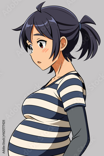 Surprised Pregnant Anime Woman in Striped Shirt – Character Vector Illustration