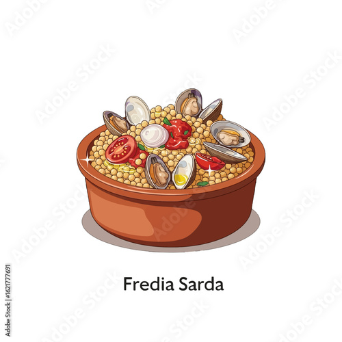 Illustration of Fredia Sarda, a Sardinian couscous dish served in a terracotta bowl, topped with clams, tomatoes, and onions.