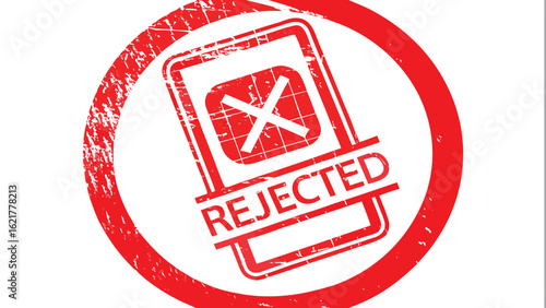 Red rejected stamp with a cross inside a rectangle and a circle around it on a white background