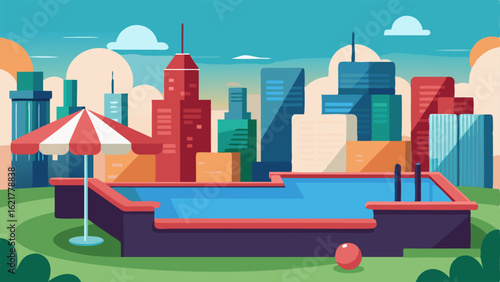 A rooftop terrace with views of the city skyline featuring a minigolf course and outdoor seating for events.