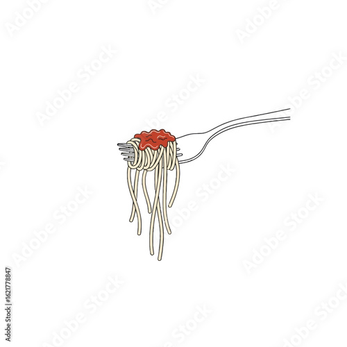 A forkful of spaghetti with tomato sauce, a simple illustration.