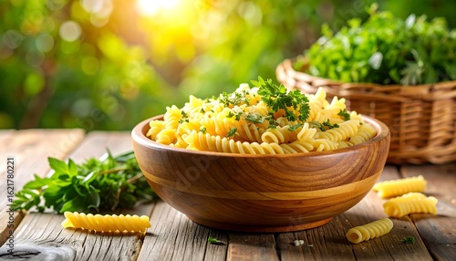 Spiral pasta in a wooden bowl, garnished with herbs