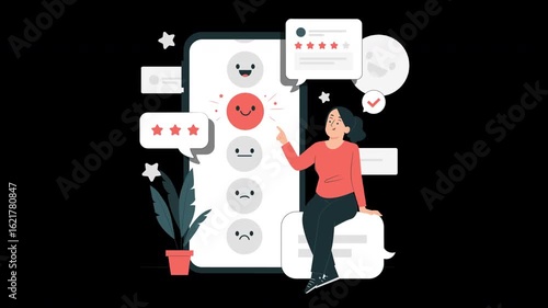 Woman rates places with stars on her mobile phone, review of the Stars app, good service, 4K animation on alpha channel