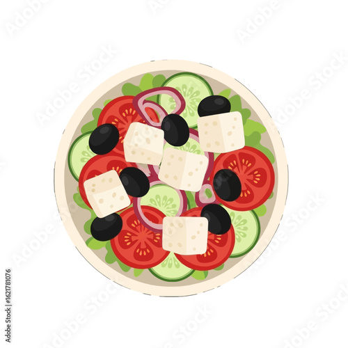 Top-down view of a Greek salad with tomatoes, cucumbers, feta cheese, olives, and red onion on a plate.