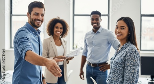 Team interacting positively in office space