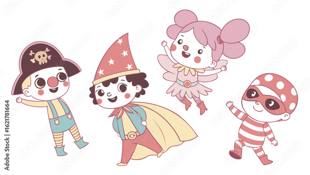 Naklejka premium Cute cartoon kids in halloween costumes pirate wizard fairy and robber vector illustration design artwork