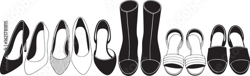 Collection of black and white footwear including heels boots and sandals shoes