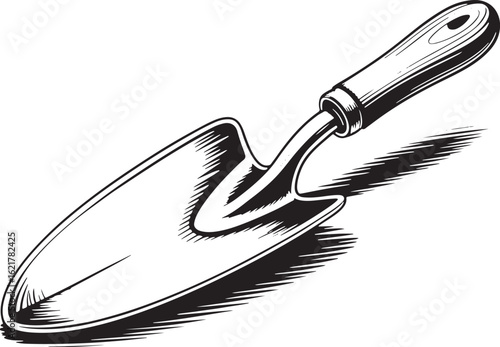 Handheld gardening trowel with wooden handle and sharp metal blade tool digging