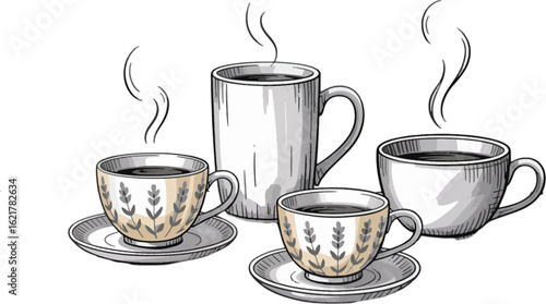 Hot beverages in cups and saucers with steam coffee