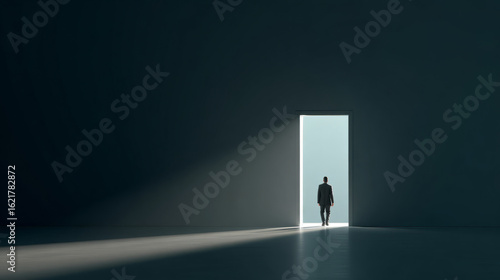 Business person walking through an open door office space digital illustration minimalist environment perspective on opportunity