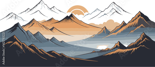 Sunset Over Snowy Mountains Range Landscape