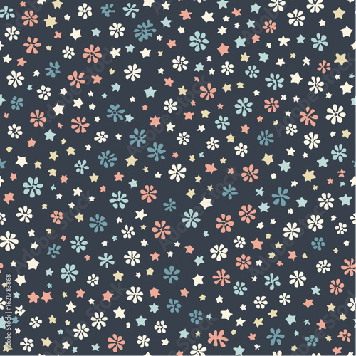 nocturnal blossom scatter seamless pattern in asphalt and sky cream, delicate floral vector design with modern layered texture and soft contrast
