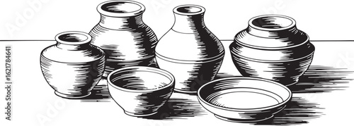 Various ceramic vessels and bowls arranged on a surface pottery containers