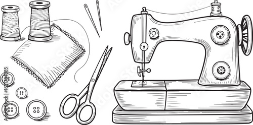 Vintage sewing machine with threads scissors fabric and buttons needle